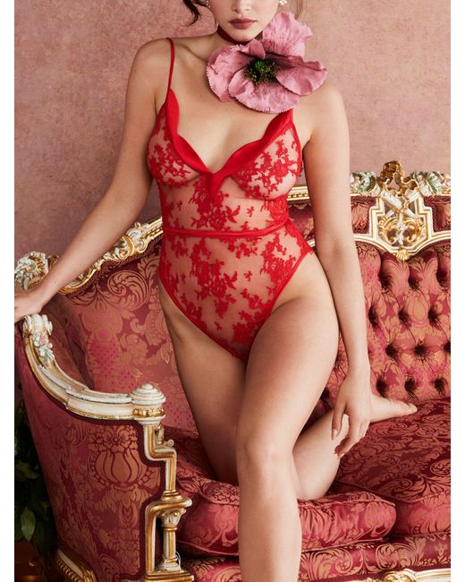 Coco De Mer Red Marella Sheer Floral Bodysuit