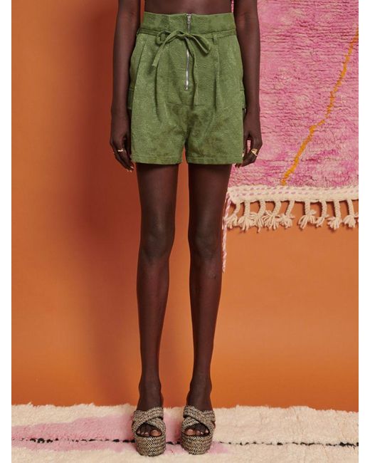 Ghospell Green Lina Jacquard High-waisted Shorts