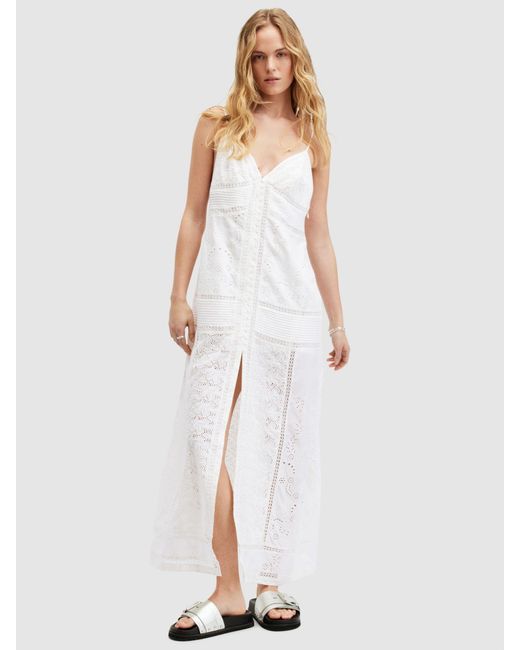 AllSaints White Dahlia Embroidered Organic Cotton Blend Maxi Dress