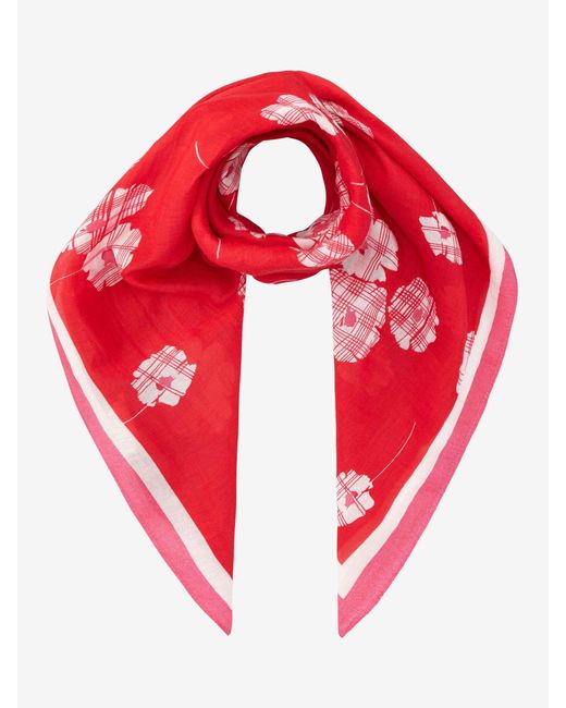 Brora Red Silk Cotton Blend Graphic Floral Print Square Scarf