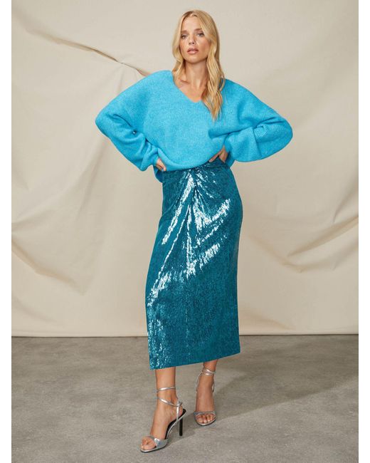 Ro&zo Blue Sequin Twist Front Midi Skirt