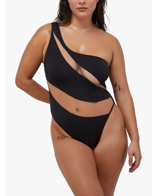 Wolf & Whistle Black Eloise Fuller Bust Asymmetric Mesh Panel Swimsuit