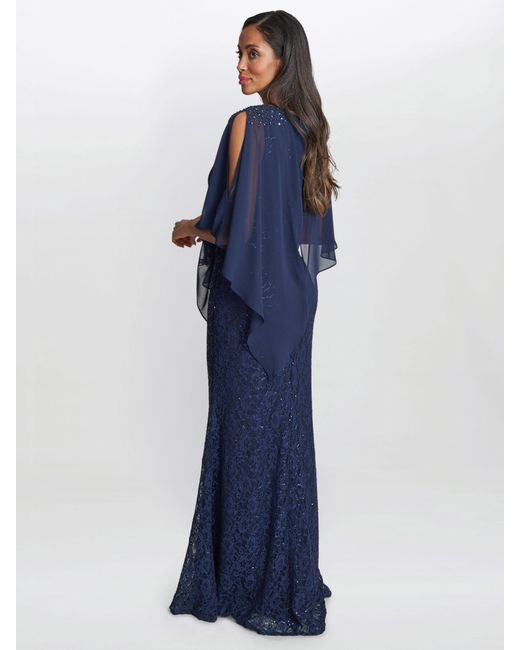Gina Bacconi Blue Ginger Sequin Lace Dress With Chiffon Cape