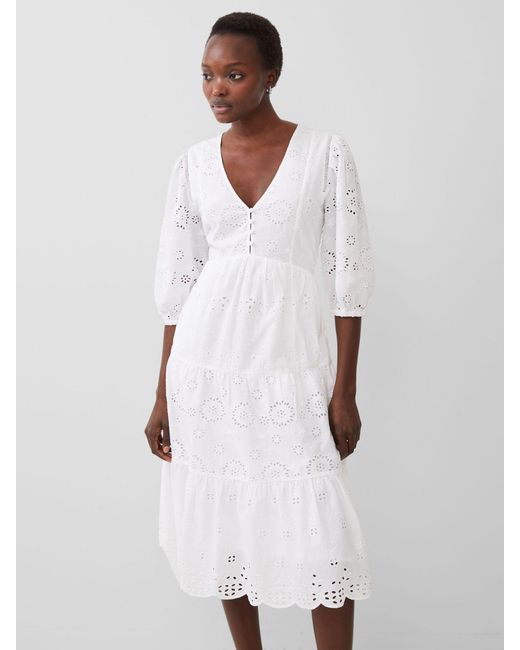 French Connection White Broderie Anglaise Midi Dress