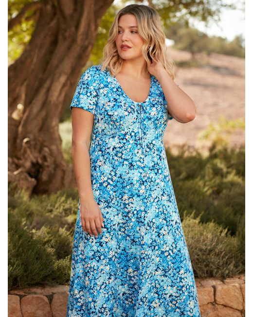 Live Unlimited Blue Curve Floral Print Jersey Midi Dress