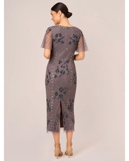 Adrianna Papell Natural Flutter Sleeve Beaded Midi Dress