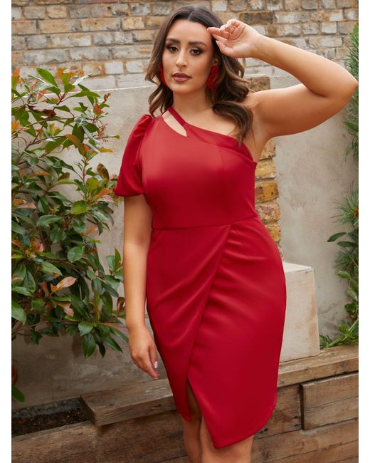 Chi Chi London Red One Shoulder Puff Sleeve Bodycon Mini Dress