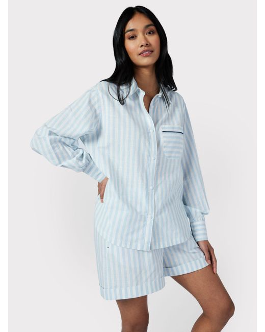 Chelsea Peers Blue Poplin Stripe Long Sleeve Pyjama Shirt