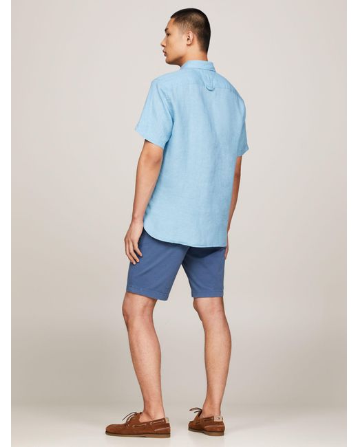Tommy Hilfiger Blue Pigment Dyed Linen Short Sleeve Shirt for men