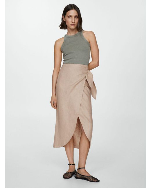 Mango Natural Linen Wrap Midi Skirt