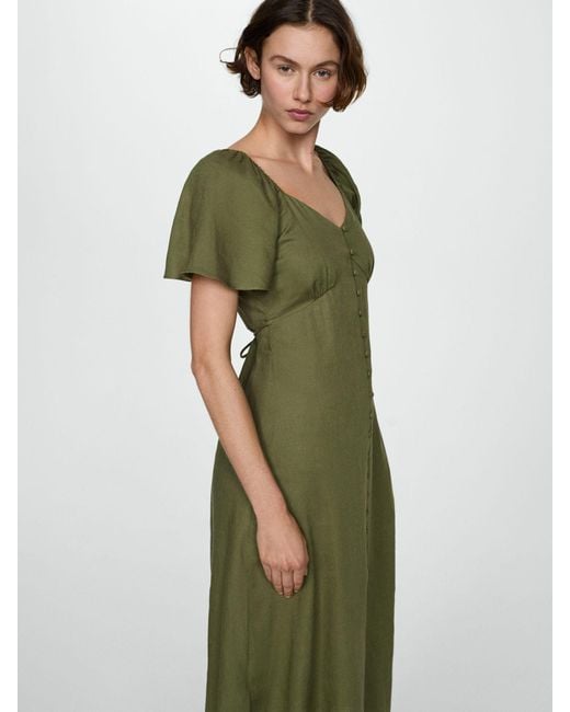 Mango Green Buttoned Linen Blend Midi Dress