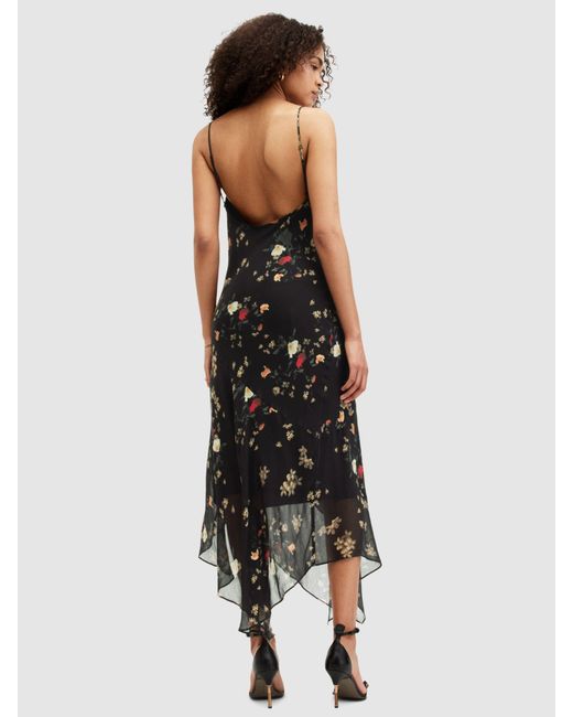 AllSaints Black Charlotte Kora Floral Print Midi Slip Dress