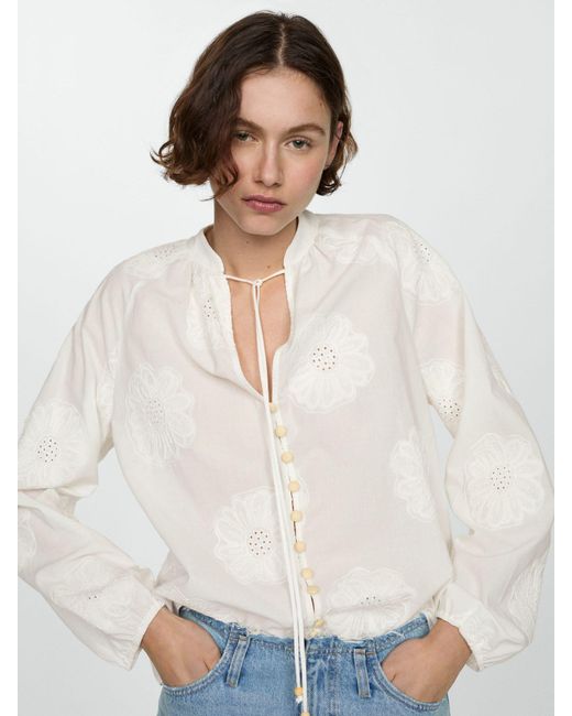 Mango White Woody Cotton Floral Embroided Blouse