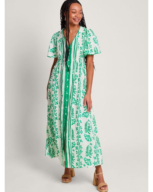 Monsoon Green Lani Linen Blend Button Down Maxi Dress