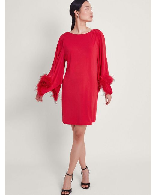 Monsoon Red Feather Trim Tunic Dress