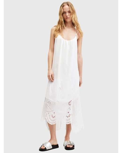 AllSaints White Areena Embroidered Midi Dress