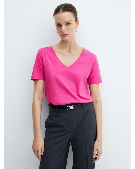 Mango Pink Chalapi Cotton V-neck T-shirt