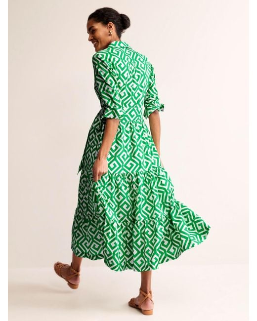 Boden Green Flo Maze Print Tiered Maxi Shirt Dress