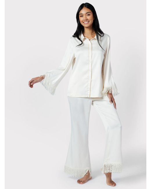 Chelsea Peers White Satin Fringe Trim Pyjama Set