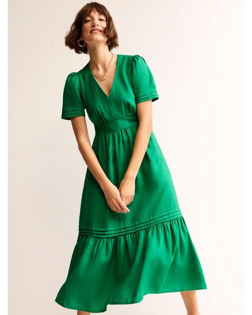 Boden Green Eve Tiered Linen Midi Dress