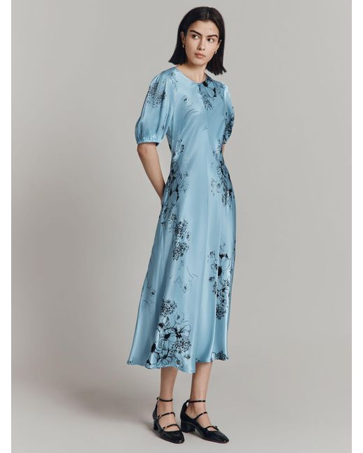 Ghost Blue Paloma Puff Sleeve Floral Midi Dress