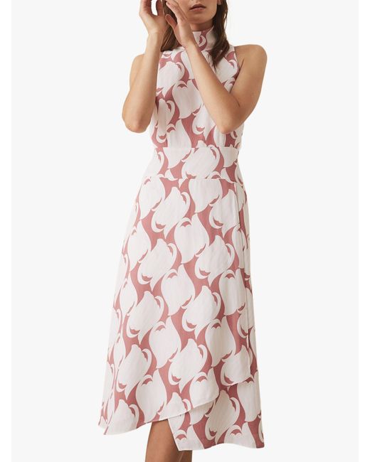 Reiss Pink Swirl Printed High Neck Midi Dress