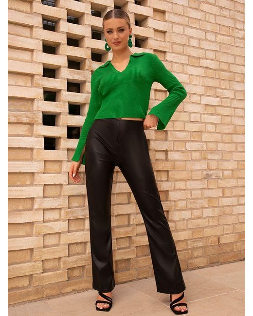 Chi Chi London Green Faux Leather Flared Trousers