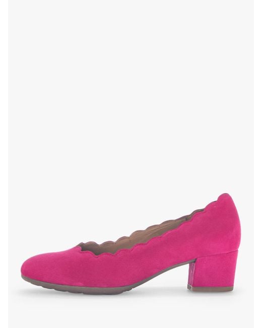 Gabor Pink Wide Fit Gigi Scallop Edge Suede Block Heeled Court Shoes