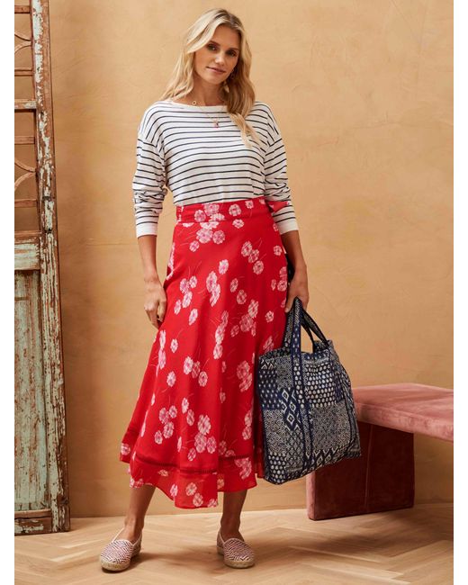 Brora Red Silk Cotton Blend Graphic Daisy Print Wrap Midi Skirt