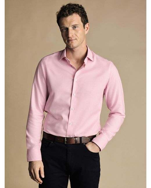Charles Tyrwhitt Pink Non-iron Stretch Semi Plain Textured Shirt for men