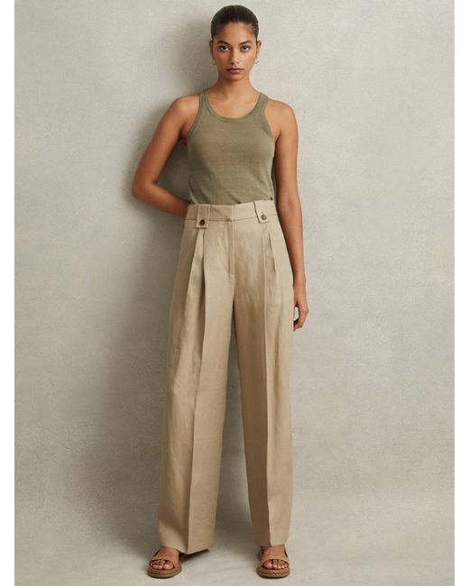 Reiss Natural Leila - Light Khaki Linen Front Pleat Trousers