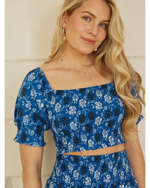 Yumi' Blue Cotton Floral Print Ruched Crop Top