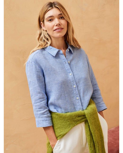 Brora Blue Mini Houndstooth Weave Linen Shirt