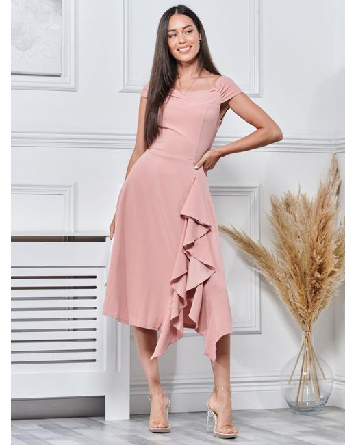 Jolie Moi Pink Skylar Off Shoulder Ruffle Hem Dress
