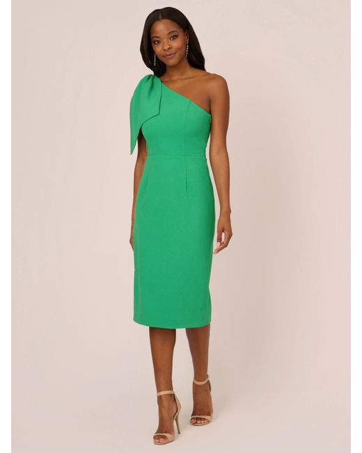 Adrianna Papell Green Crepe Asymmetric Bow Midi Dress