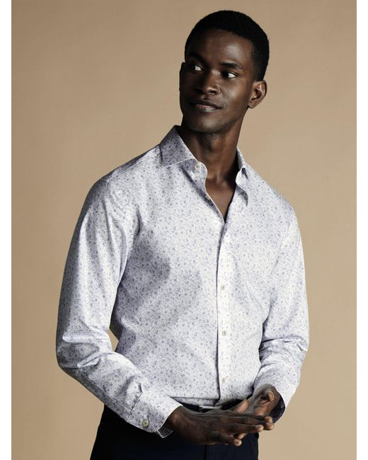 Charles Tyrwhitt White Leaf Print Non-iron Slim Fit Shirt for men