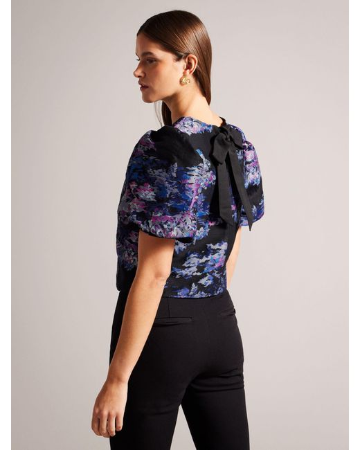 Ted Baker Blue Olliiey Jacquard Puff Sleeve Crop Top