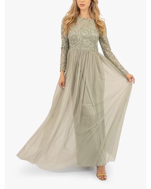 LACE & BEADS Natural Belle Embellished Long Sleeve Mesh Maxi Dress