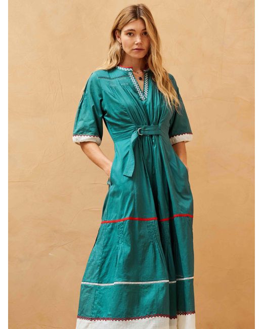 Brora Blue Organic Cotton Geometric Embroidered Folk Dress