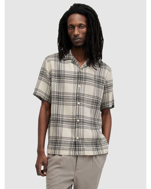 AllSaints Gray Padres Short Sleeve Check Print Shirt for men