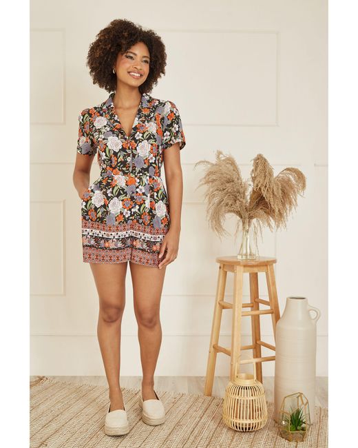 Yumi' Brown Floral Short Sleeve Playsuit