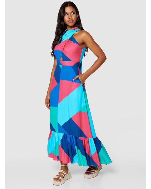 Closet Blue Geometric Print Halter Neck Maxi Dress
