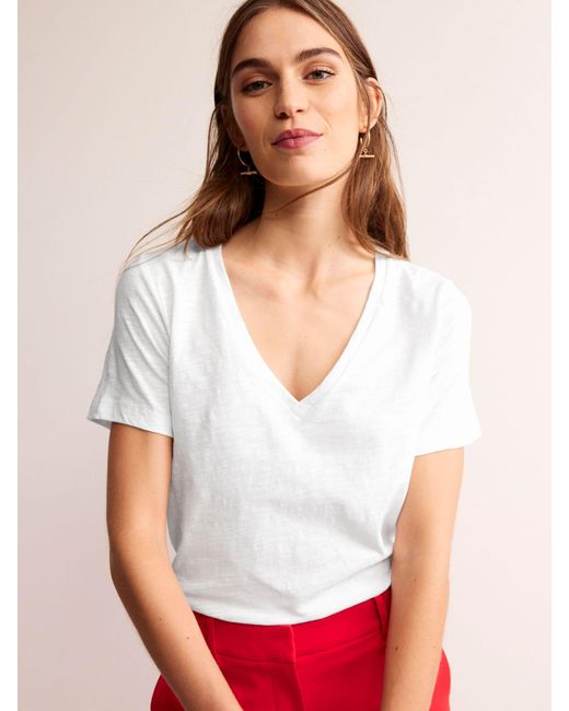Boden White Regular V-neck Slub Cotton T-shirt