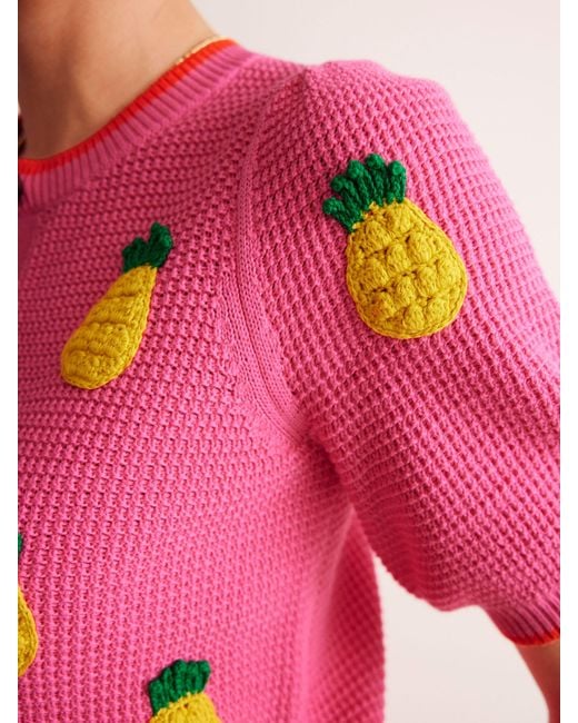 Boden Pink Embroidered Pineapples Short Sleeve Cardigan