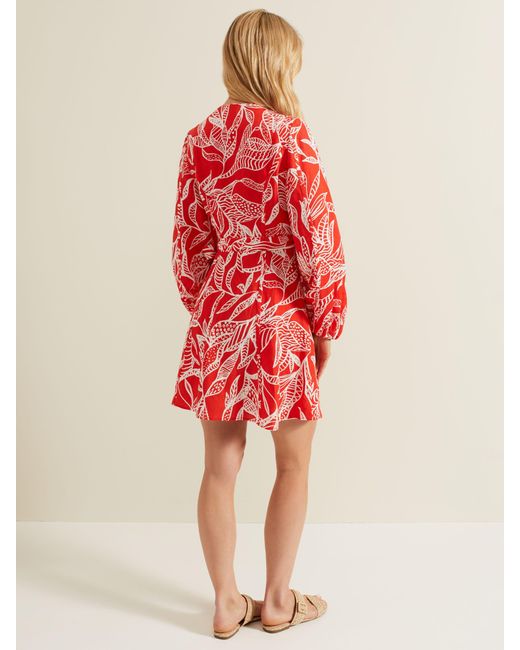 Phase Eight Red Charlotte Linen Blend Leaf Print Wrap Mini Dress