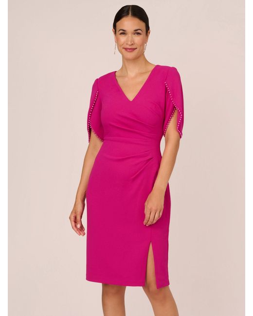 Adrianna Papell Pink Knit Crepe Pearl Trim Knee Length Dress