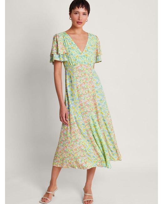 Monsoon Green Tatum Floral Print Midi Tea Dress