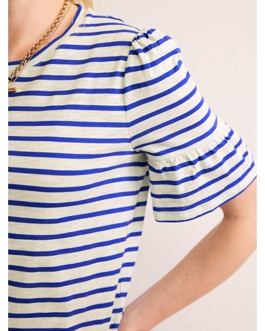 Boden Blue Frill Sleeve Striped T-shirt