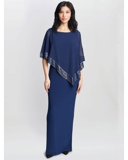 Gina Bacconi Blue Amber Asymmetrical Cape Maxi Dress