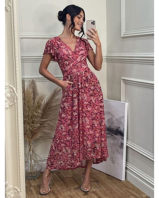 Jolie Moi Gray Mesh Floral Print V-neck Maxi Dress